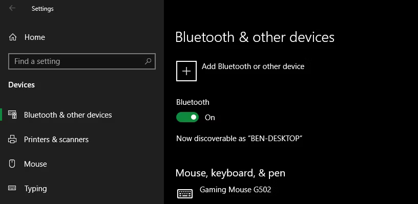 Settings > Devices Bluetooth & other devices